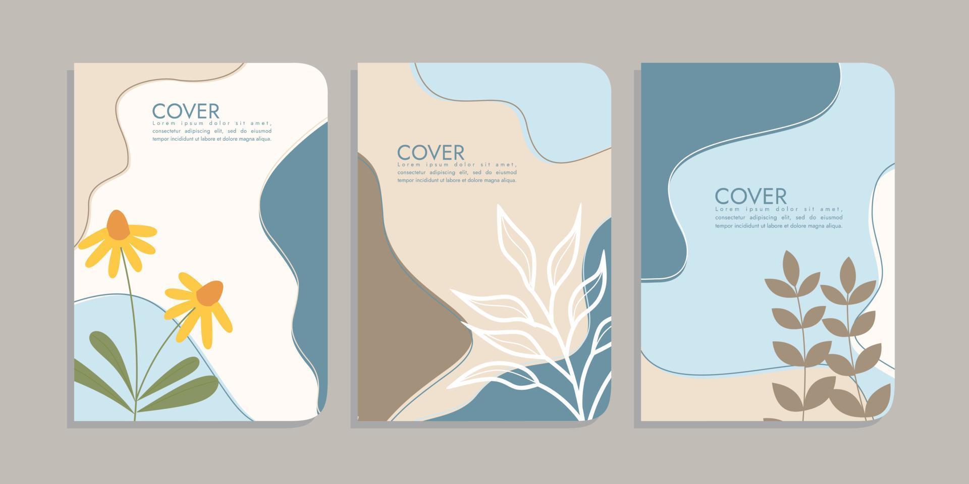 set of book cover designs with hand drawn floral decoration. abstract retro botanical background A4 size For book, binder, diary, planner, brochure, notebook, catalog vector