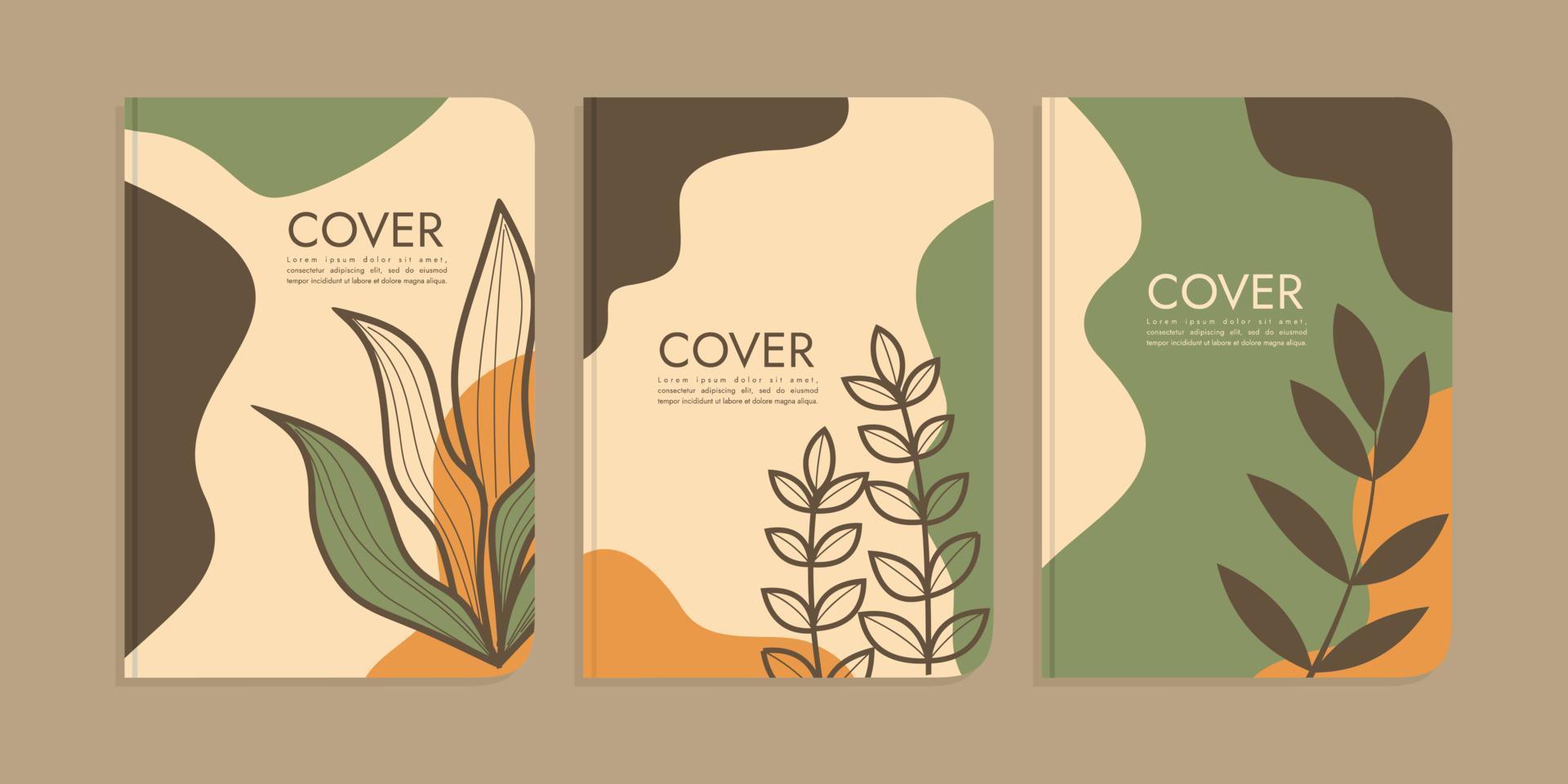 set of book cover designs with hand drawn floral decorations. abstract boho botanical background A4 size For book, binder, diary, planner, brochure, notebook, catalog vector