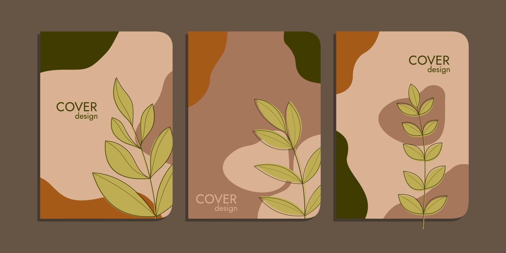 set of book cover designs with hand drawn floral decorations. abstract boho botanical background A4 size brown pastel color For book, binder, diary, planner, brochure, notebook, catalog vector