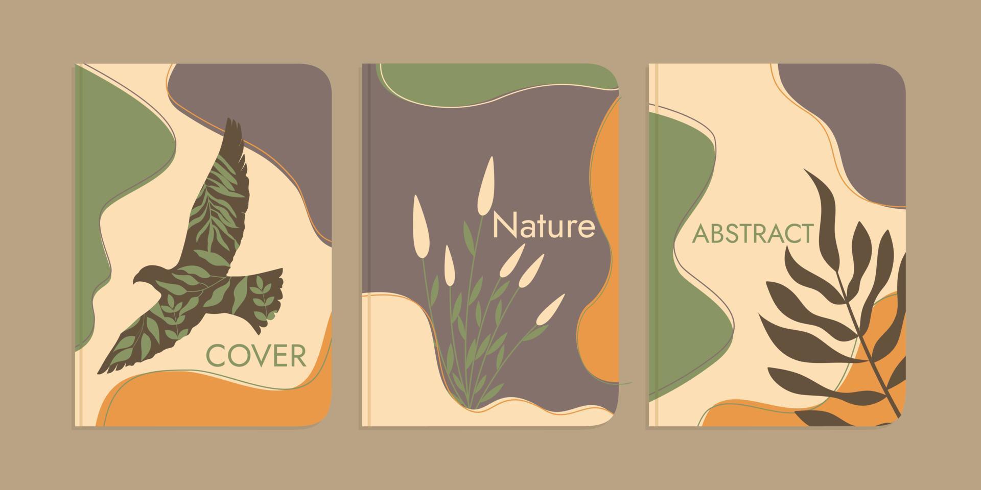 set of book cover designs with hand drawn floral decoration. abstract retro botanical background A4 size For book, binder, diary, planner, brochure, notebook, catalog vector