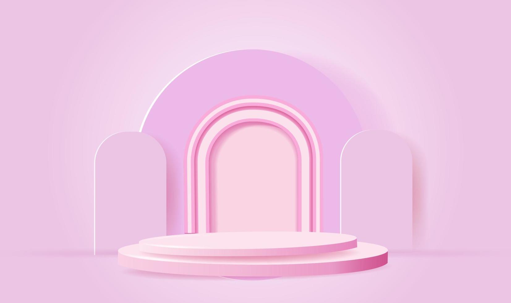 minimal scene with geometrical forms. cylinder podiums in soft pink background with balls. Scene to show cosmetic product, Showcase, shopfront, display case. vector