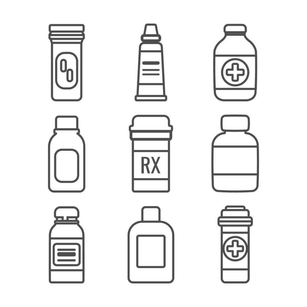 Medical Bottles Line Icons. Isolated set on a white background. Vector illustration.