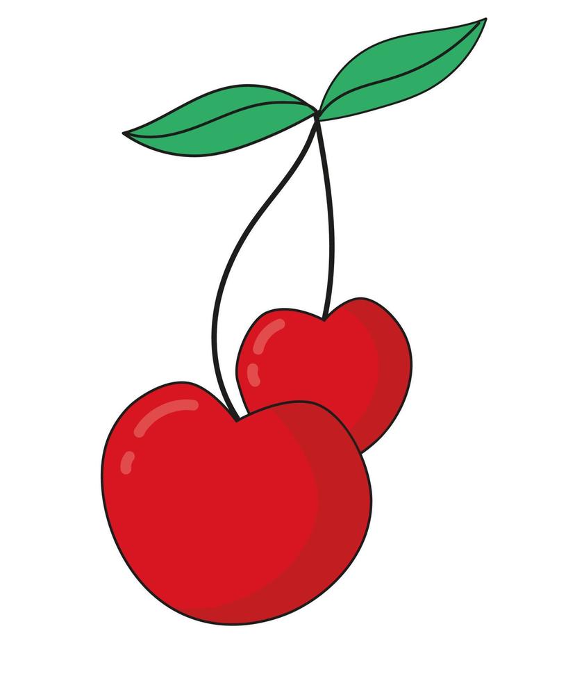Cherry in the shape of a heart on a branch with leaves. Two cherries illustration vector. Fruit sticker icon. vector