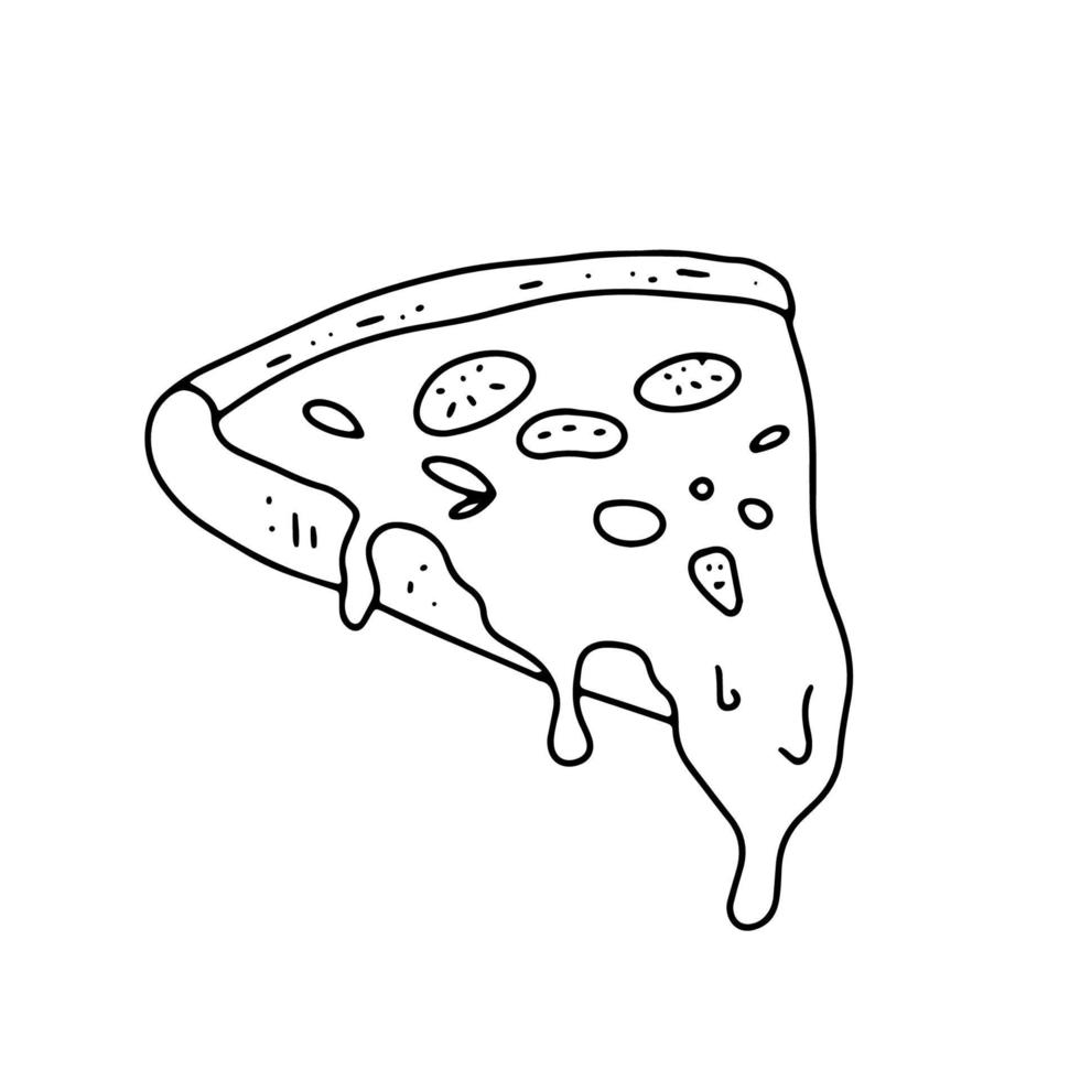 Pizza slice with melted cheese. Hand drawn doodle sketch. Vector outline illustration isolated on white.