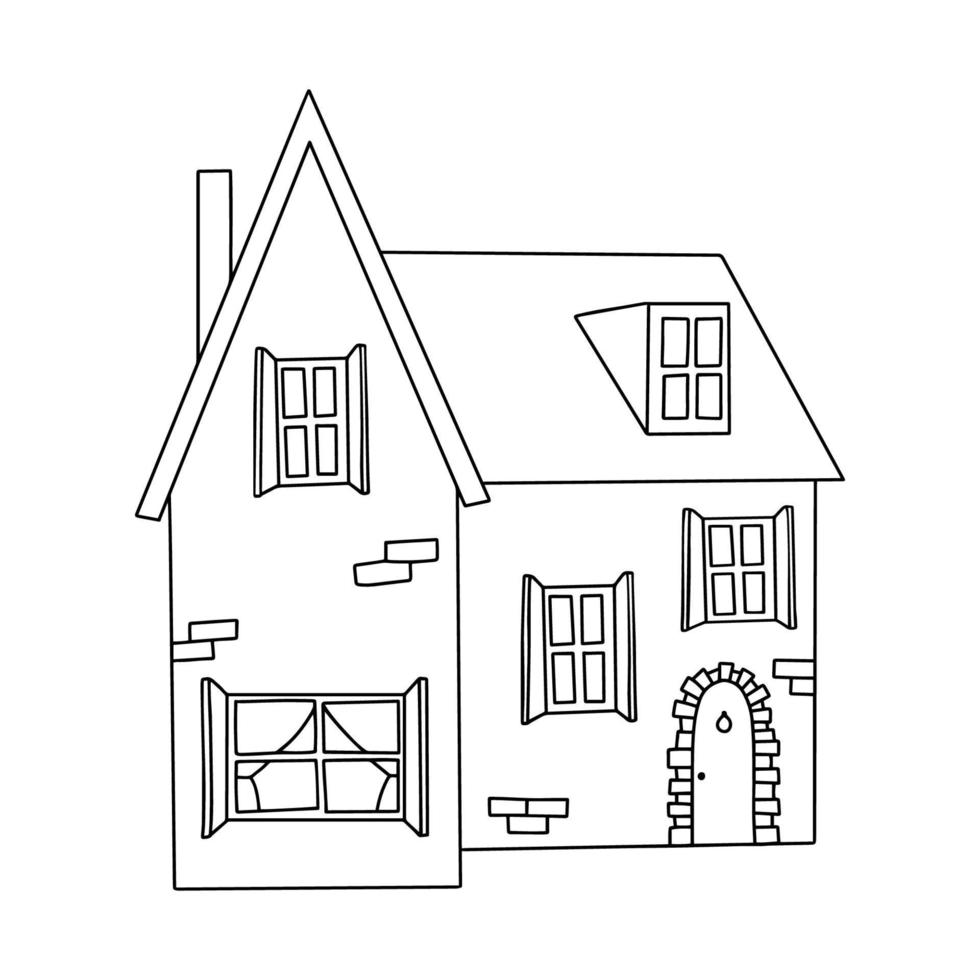 mano dibujado contorno antiguo y acogedor pequeño casa. linda cabaña aislado en blanco antecedentes para colorante página vector