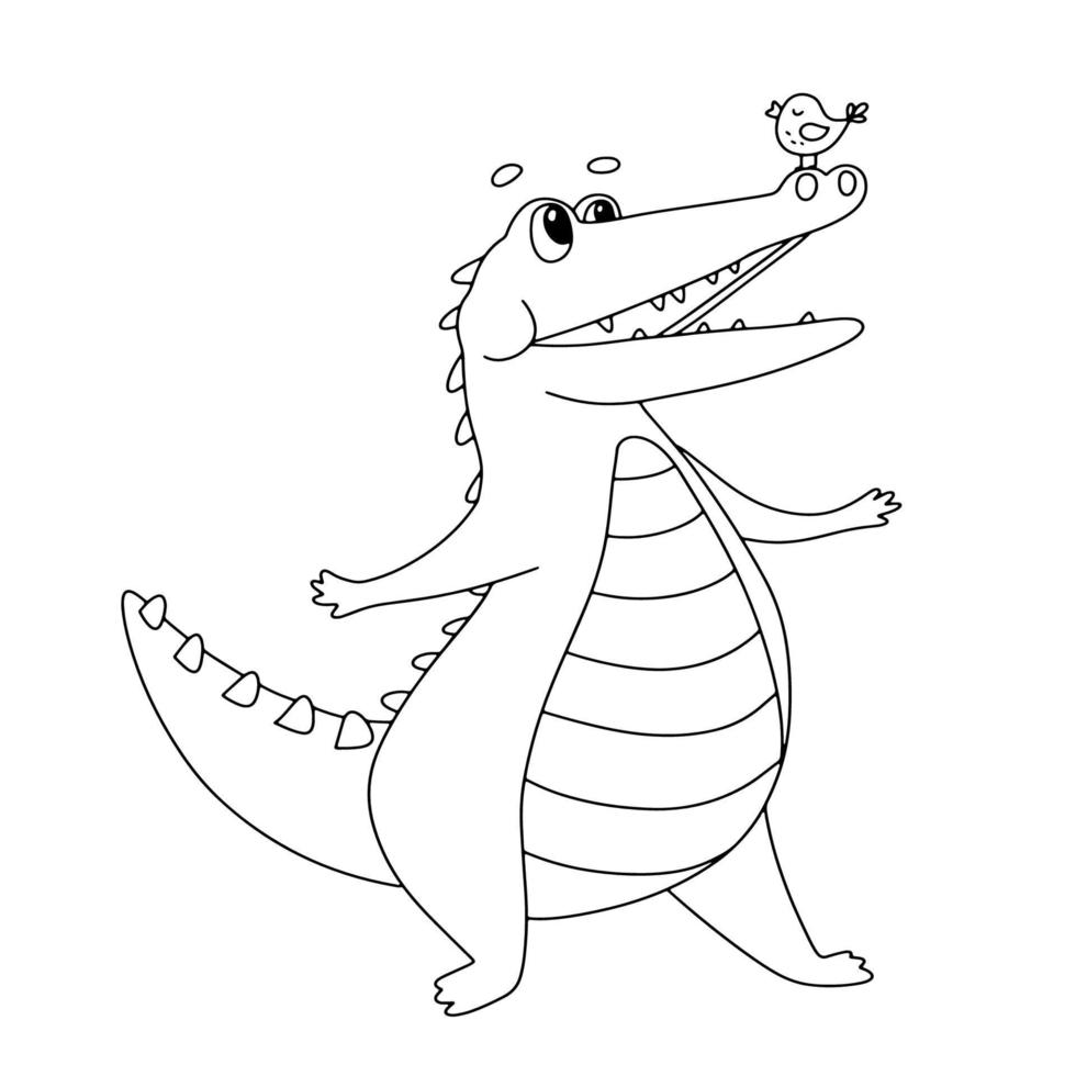 Cute line Crocodile with little bird. Funny Alligator Character isolated on white. Outline Vector Illustration for coloring book