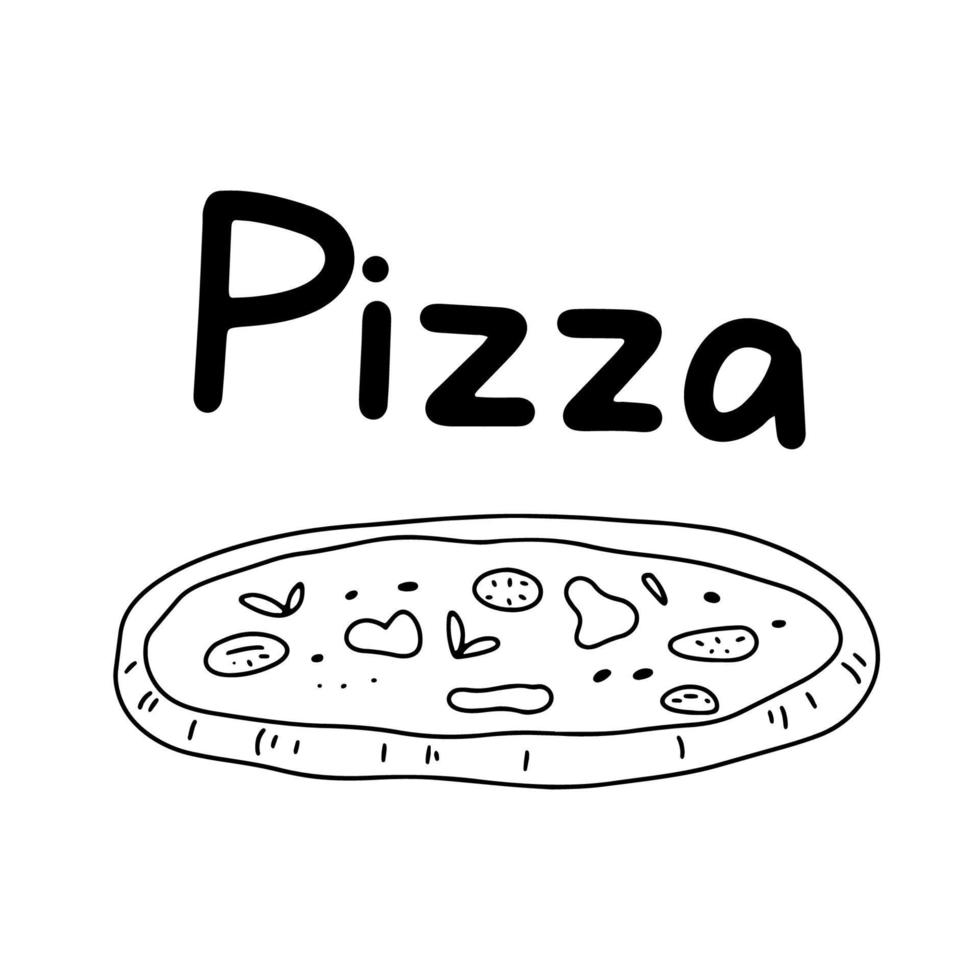 Pizza garabatear ilustración. vector contorno bosquejo aislado en blanco. letras