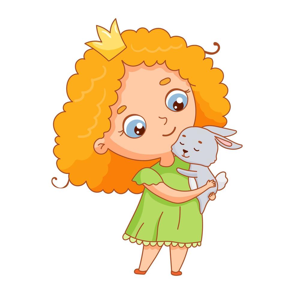 mano dibujado linda pequeño niña princesa con Conejo en manos. linda niña en vestido. vector dibujos animados infantil ilustración.