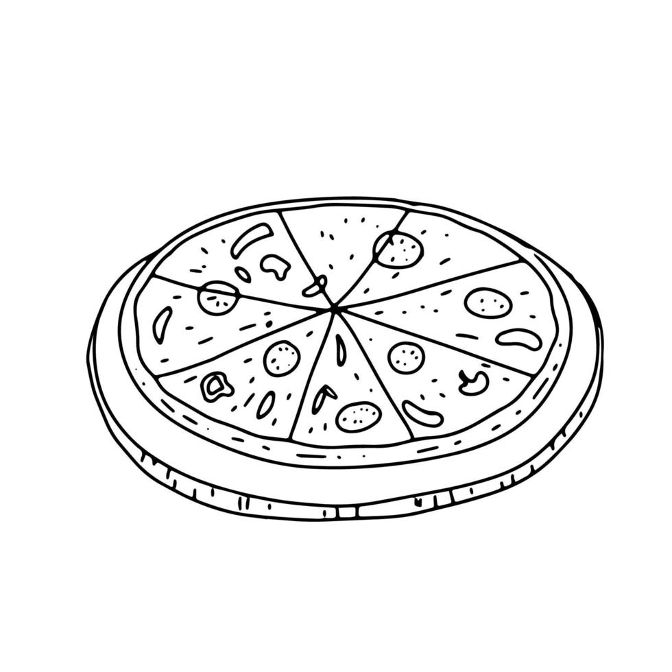 Pizza on board doodle illustration. Vector outline sketch isolated on white