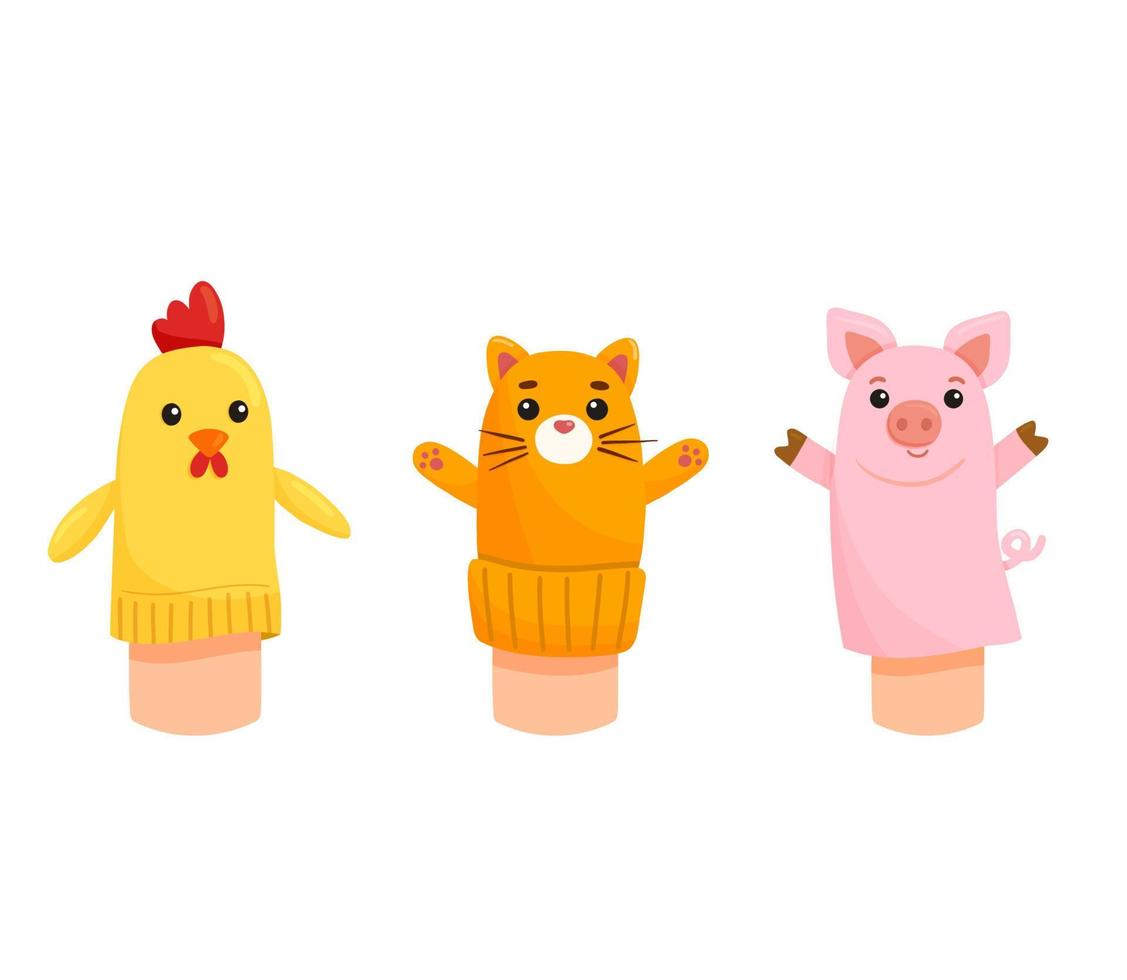 Socks puppets. Dolls for children theatre. Educational game with cute animal on hand, vector characters cat, pig and chicken isolated on white. background.