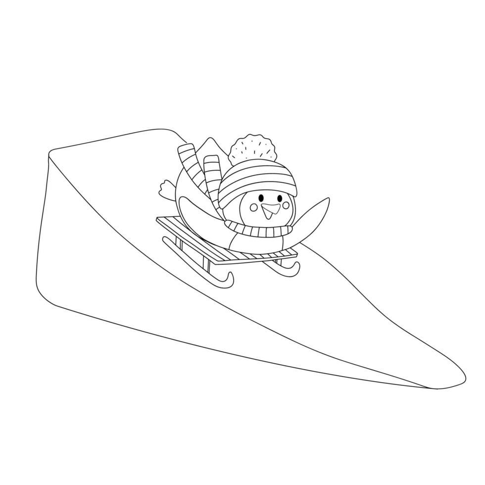 Outline Penguin in hat and scarf on sledge. Cute line penguin isolated on white background. Childish vector character for coloring page