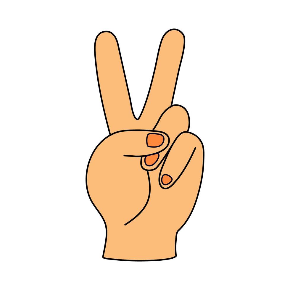 Hand with two fingers up in peace or victory symbol. Sign for V letter in sign language. Scissors gesture. Vector illustration isolated on white. Hippie vintage sticker