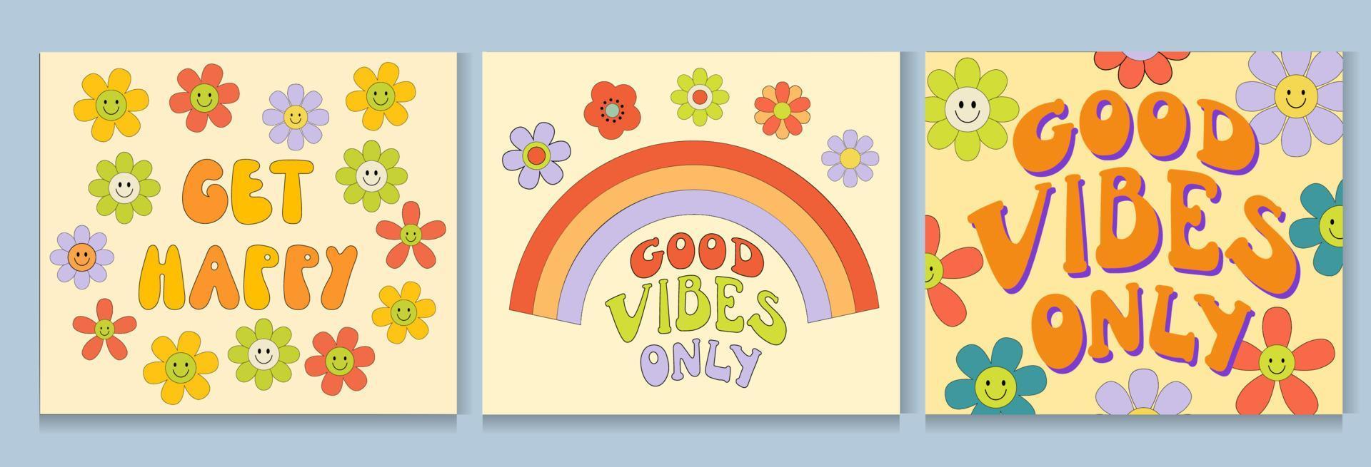 Set of Groovy posters 70s with rainbow and flowers daisy. Retro print with hippie elements. Vector illustration with lettering Good vibes only