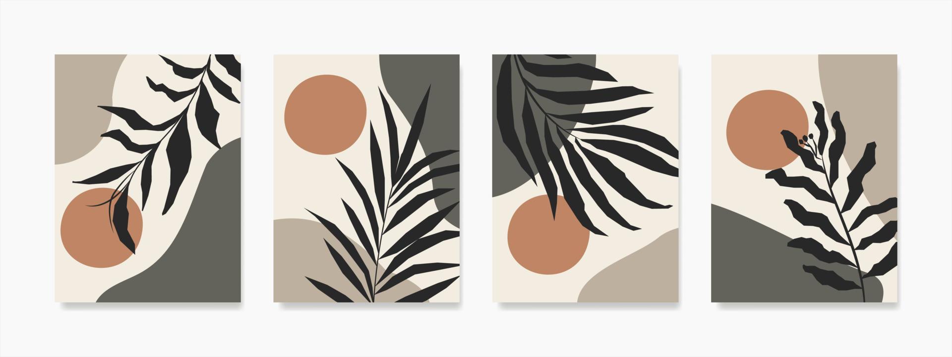 Abstrack shapes and Botanical wall art set. Earth tones landscapes wallpaper. Tropical wall decor for framed prints, canvas artwork, posters, home decor, covers, and wallpaper. vector