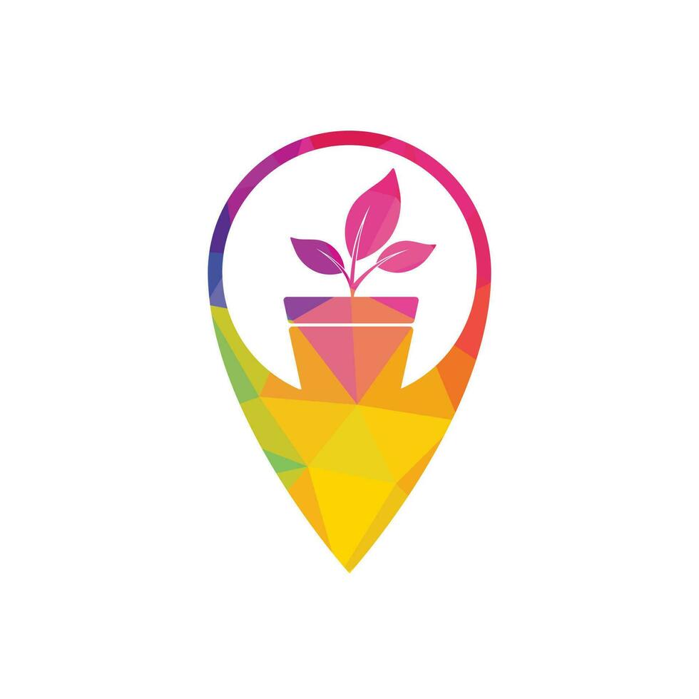 Garden location vector logo design. Flower pot with pin point icon design.