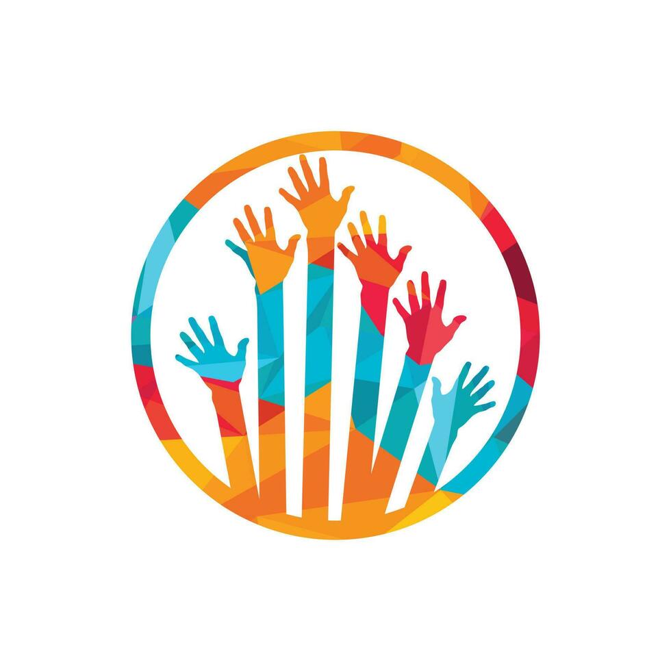 Hand help care logo and symbol vector. Diversity people group raising hands. Diverse teamwork collaboration concept. vector