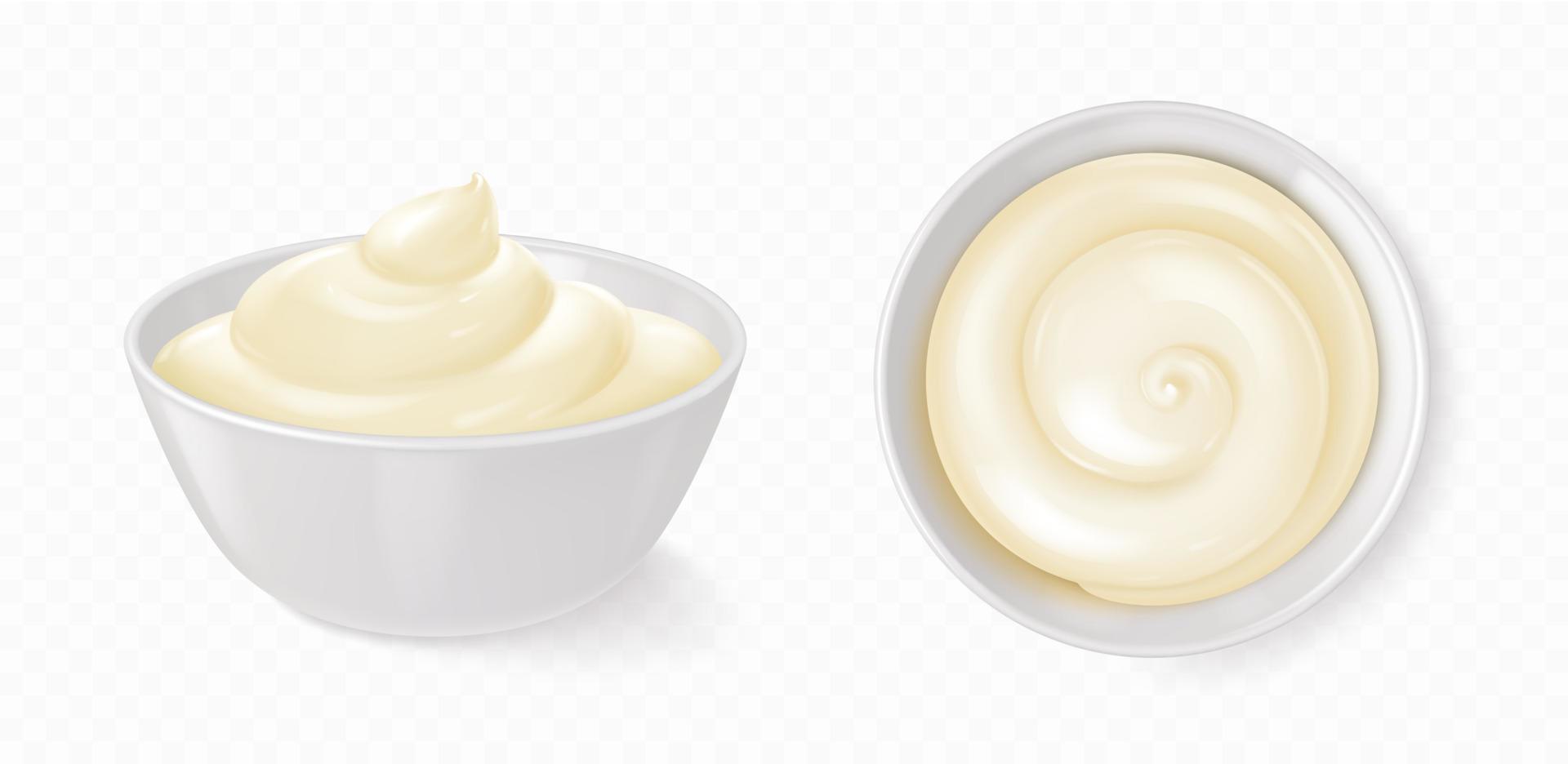 White bowl with mayonnaise, cheese sauce, yogurt vector