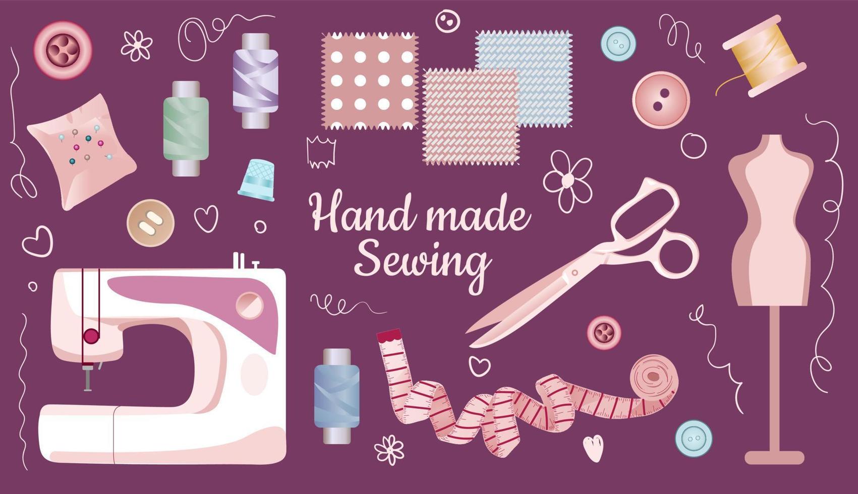 Needlework tools set. Handmade Kit sewing machine, iron, scissors