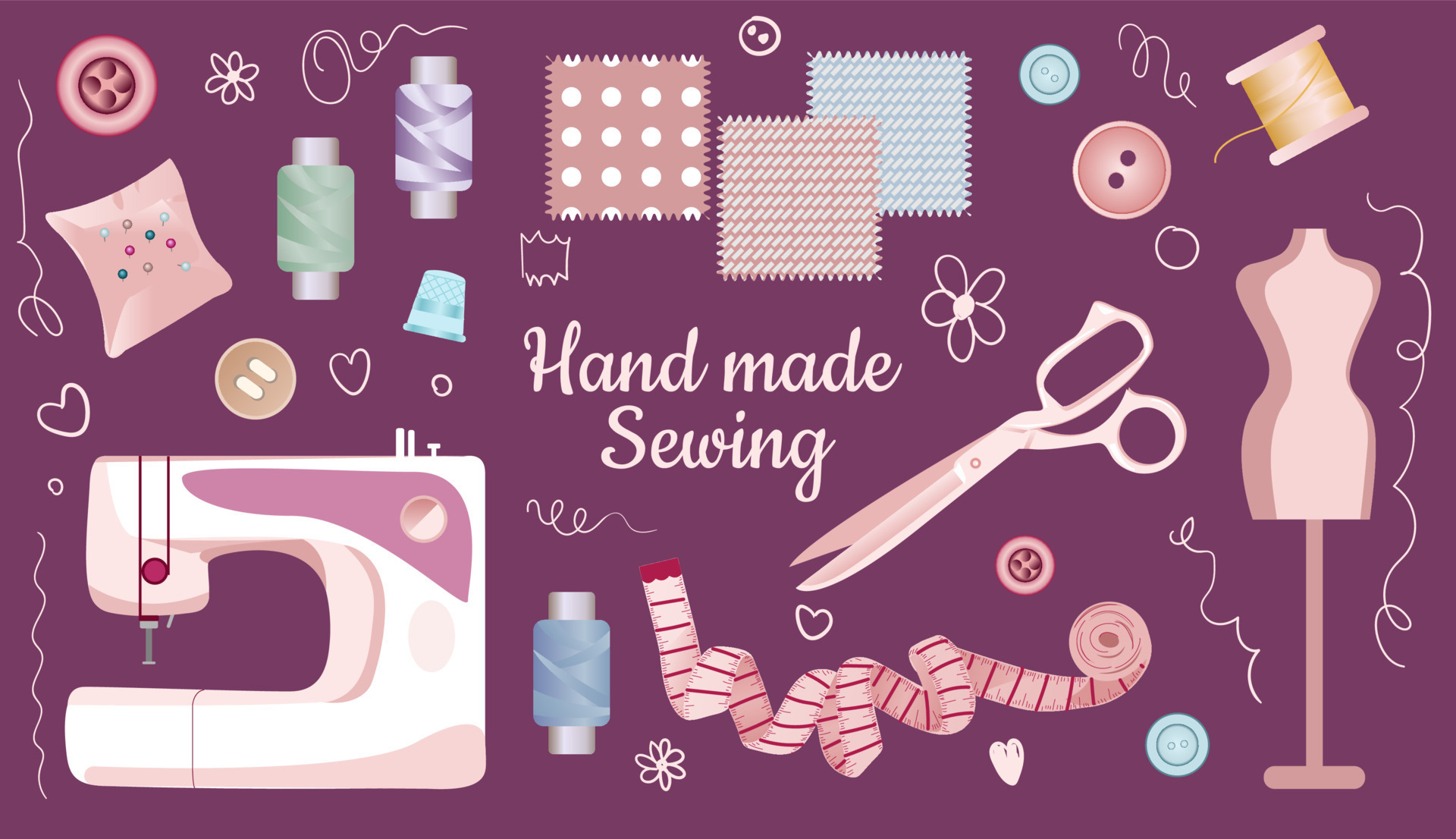 Needlework tools set. Handmade Kit sewing machine, iron, scissors, spools of thread, buttons