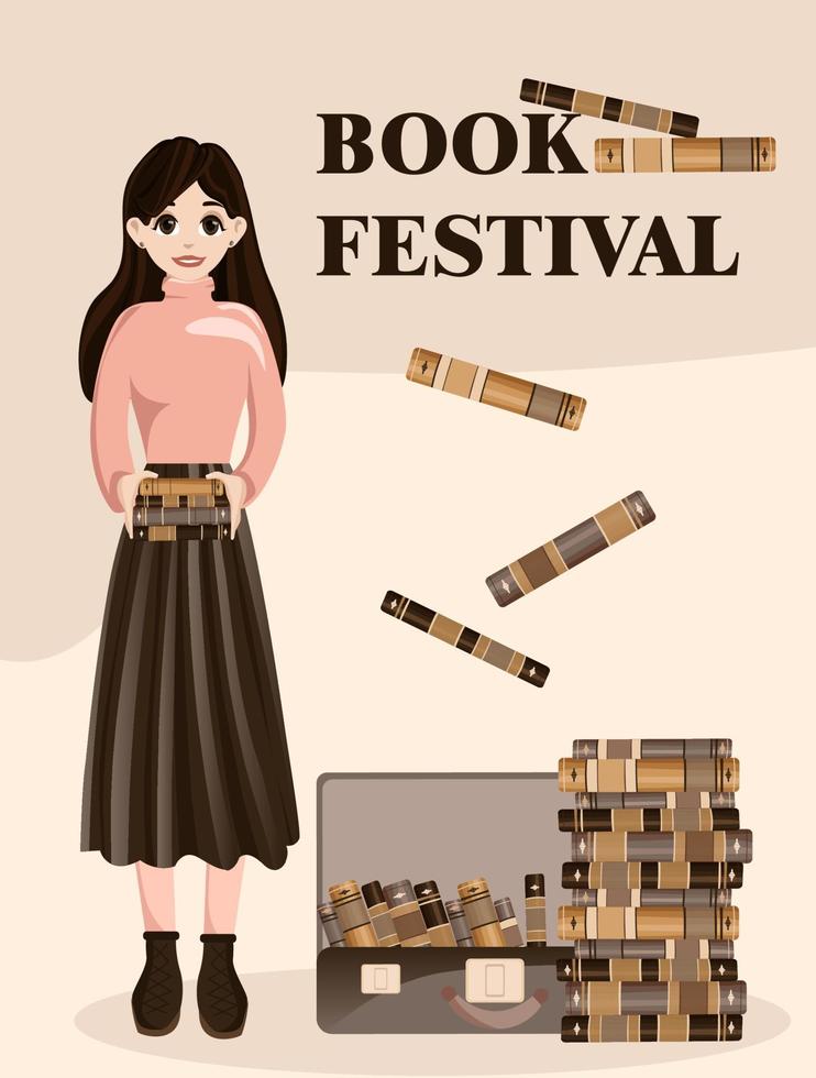 libro festival póster. niña con libros en su manos. póster para libros festival, educación, cultura festival día, biblioteca o otro leyendo o literatura evento. frente vista. vector