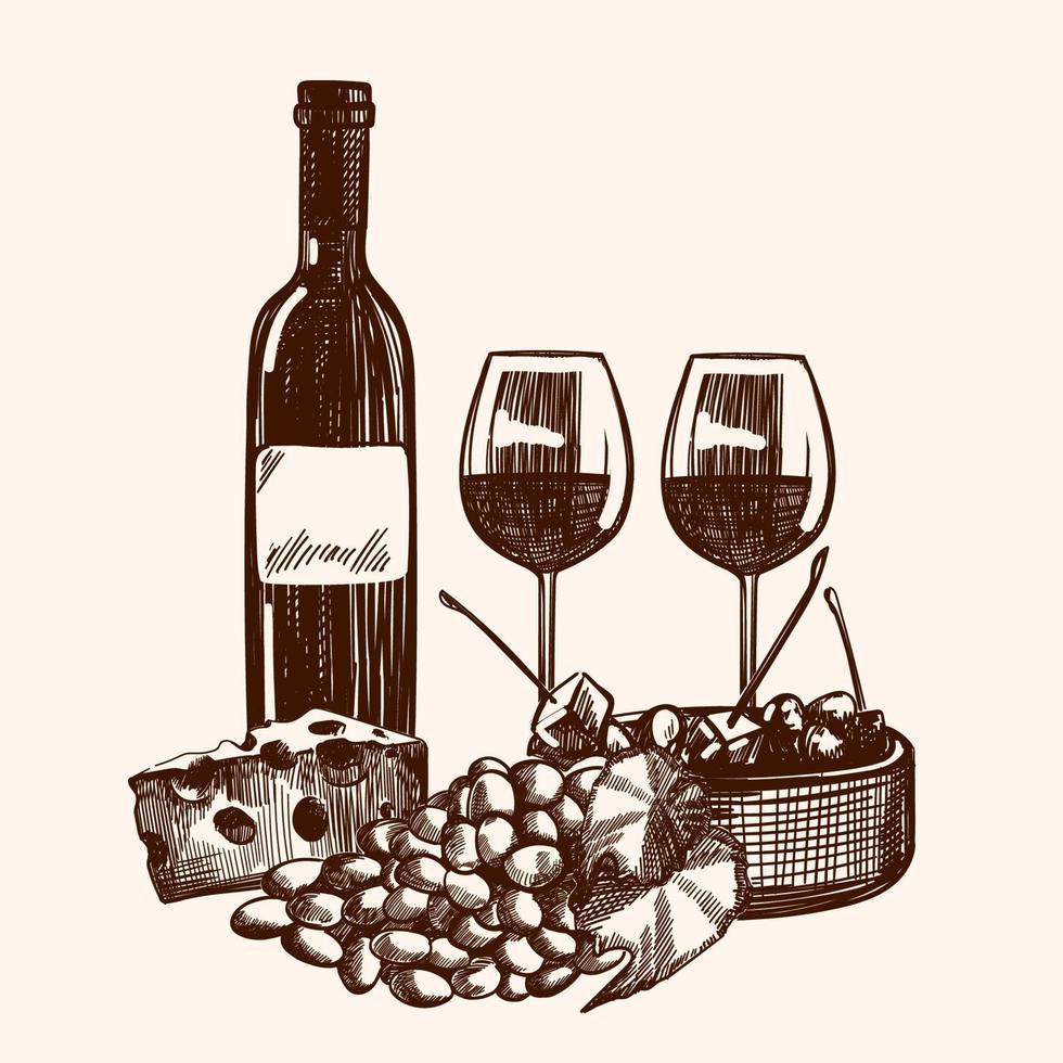 mano dibujado ilustración con uvas, dos anteojos, cabeza de queso y botella de vino en bosquejo estilo. vector