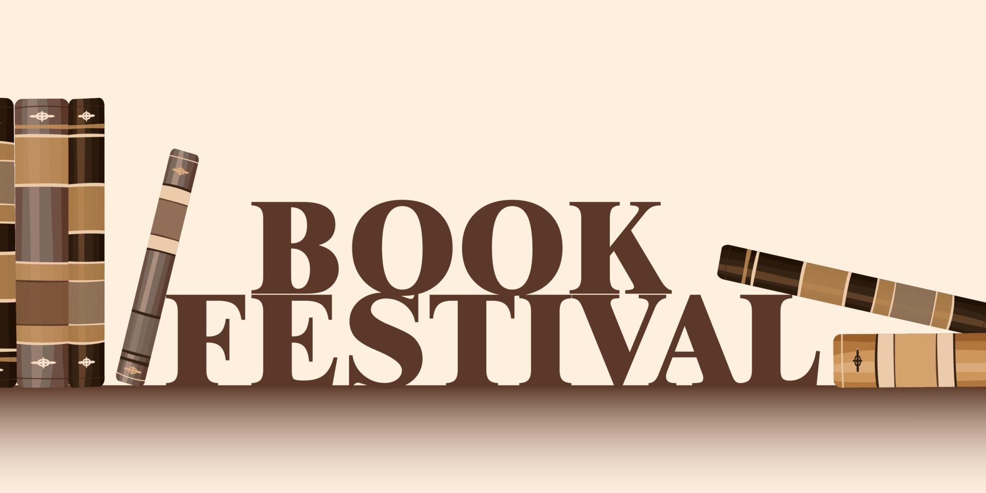 Banner for book festival. Vintage books on a shelf with the inscription. Vector minimalist background with textures. Design template for a library, and education theme.