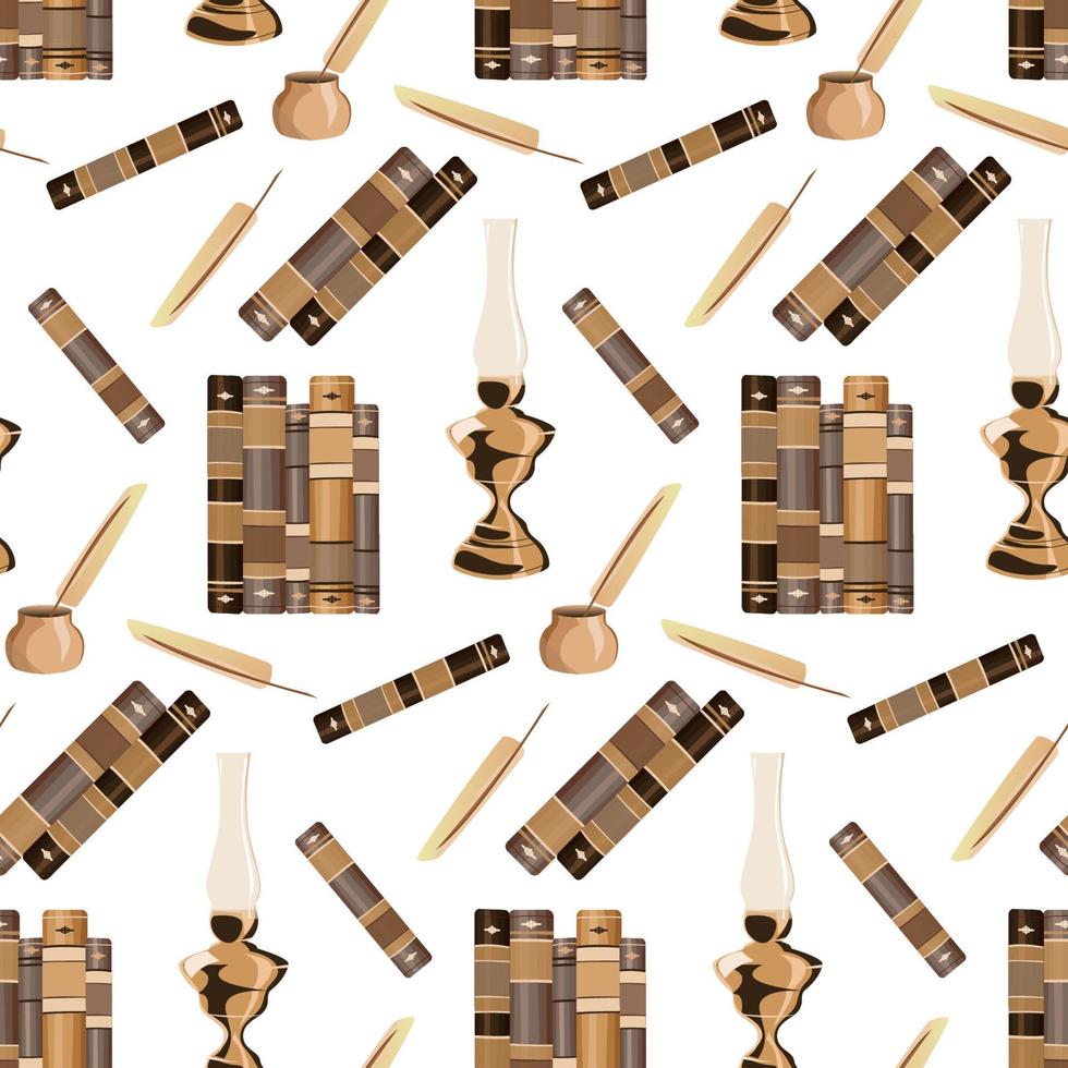 Seamless pattern of hand drawn sketch style books, feather pen and pocket watches isolated on white background. Vector illustration.