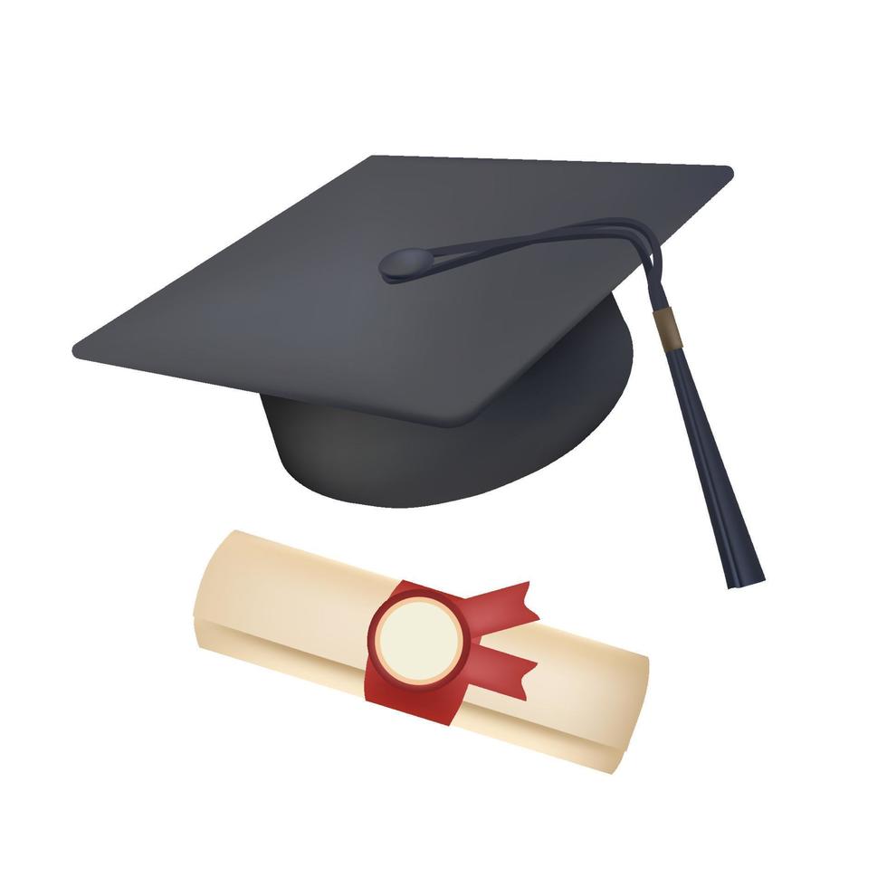 Graduation cap and diploma with seal 3D icon. Hat with tassel, paper scroll with badge 3D vector illustration on white background. Education, graduation, success concept.