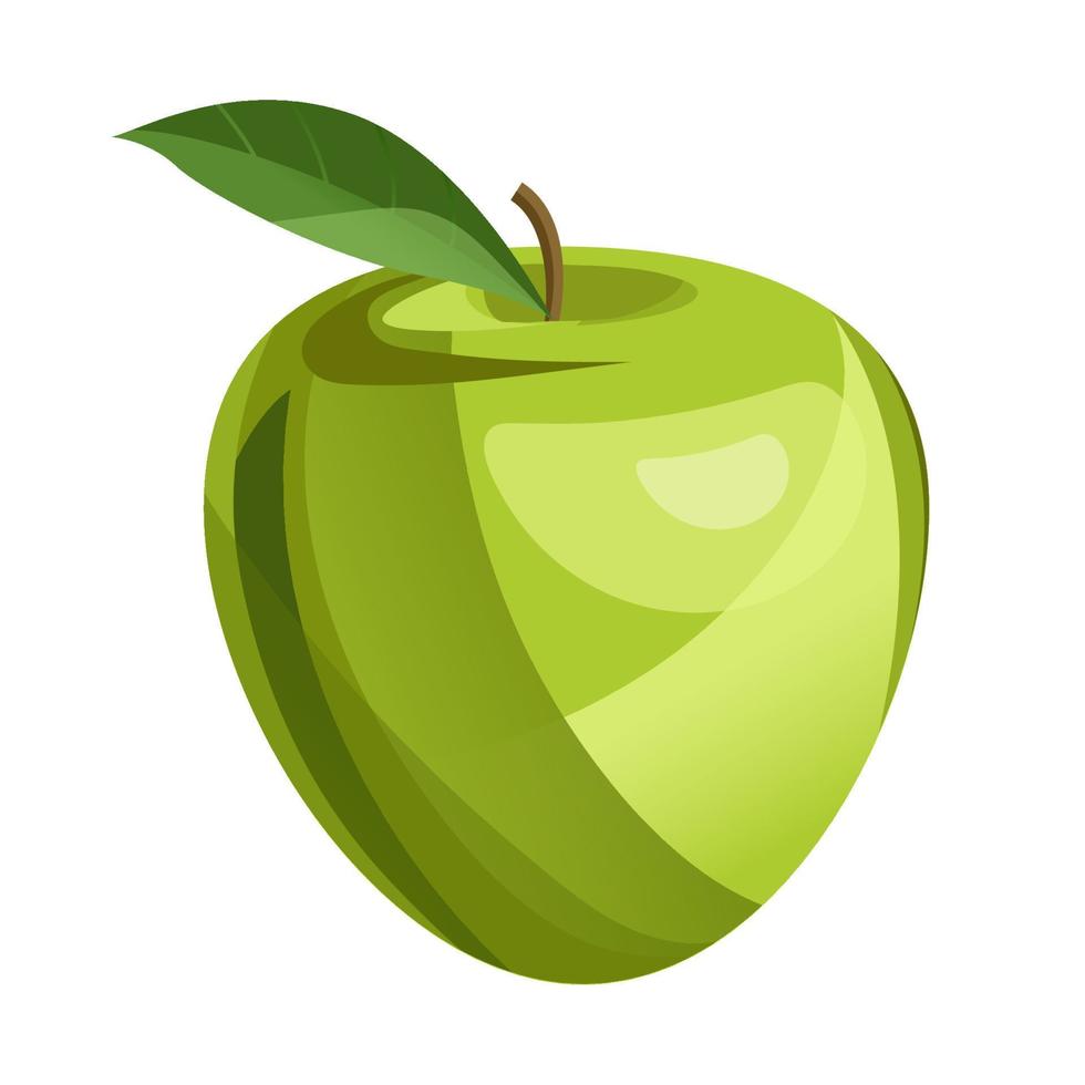 Green apple isolated on white background. Organic fruit. Cartoon style. Vector illustration for any design.