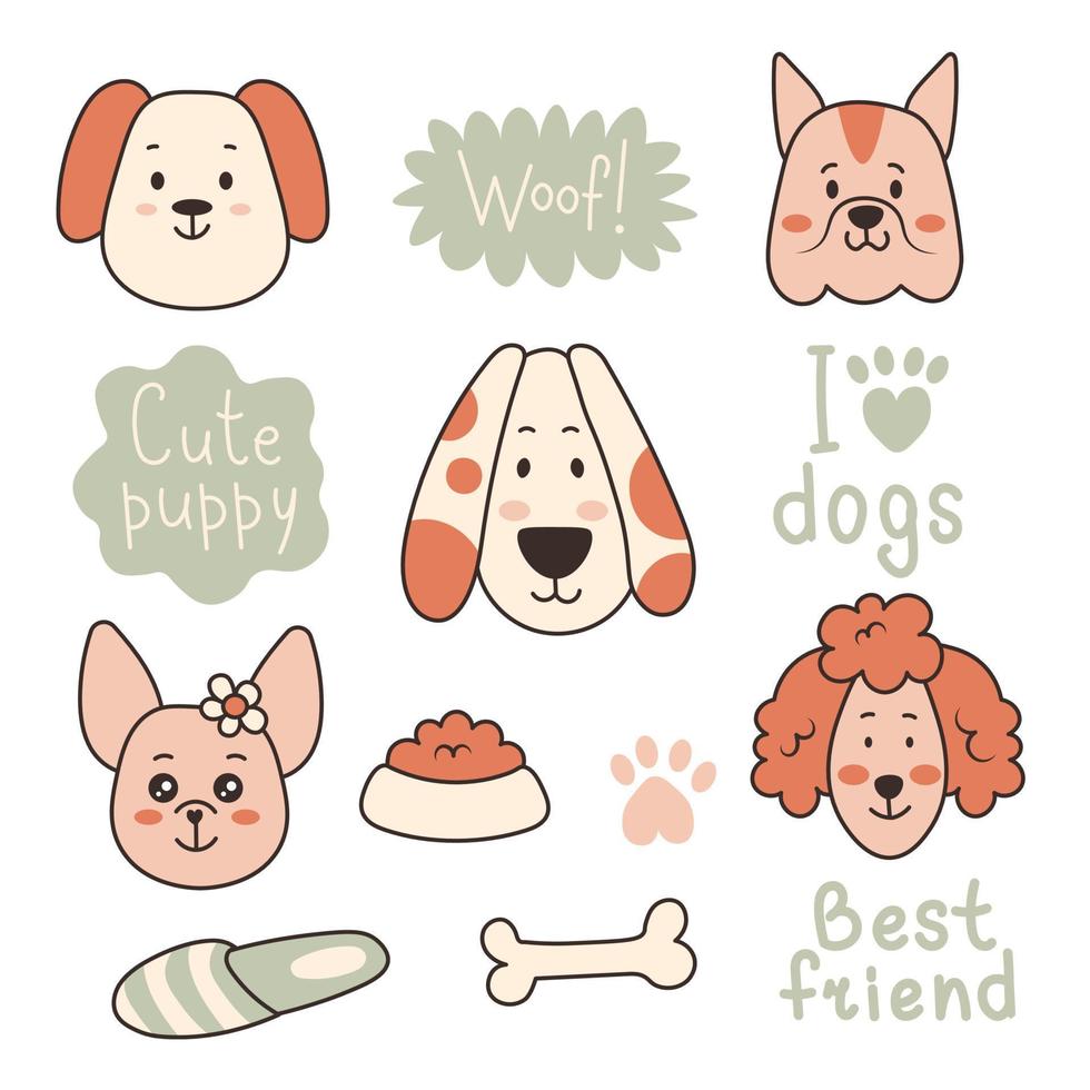 Cute dogs collection with inscriptions vector