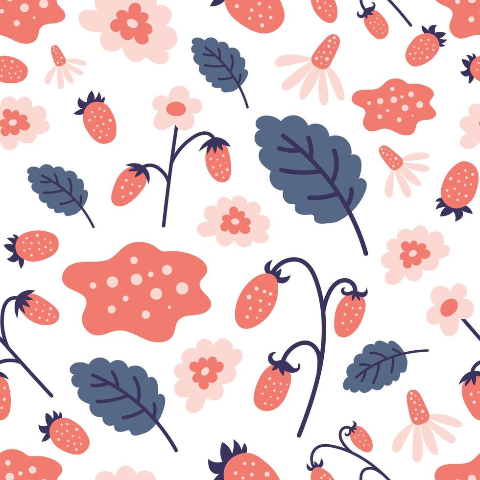 Cute strawberry seamless pattern with flowers and leaves vector