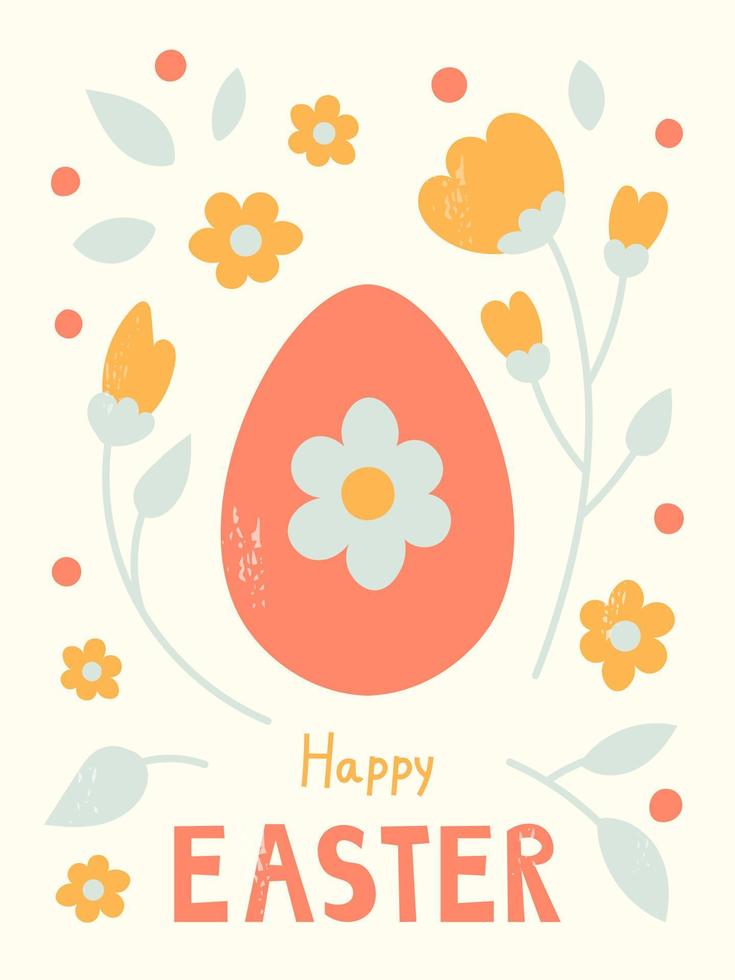 Happy Easter poster with egg and flowers vector