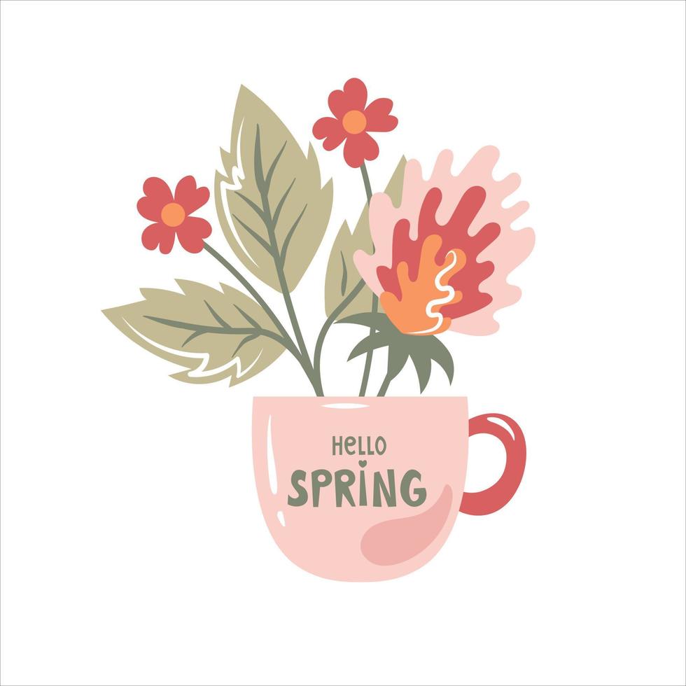 primavera saludo flores y jarra vector