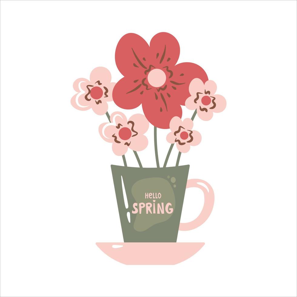 Hola primavera taza con flores vector