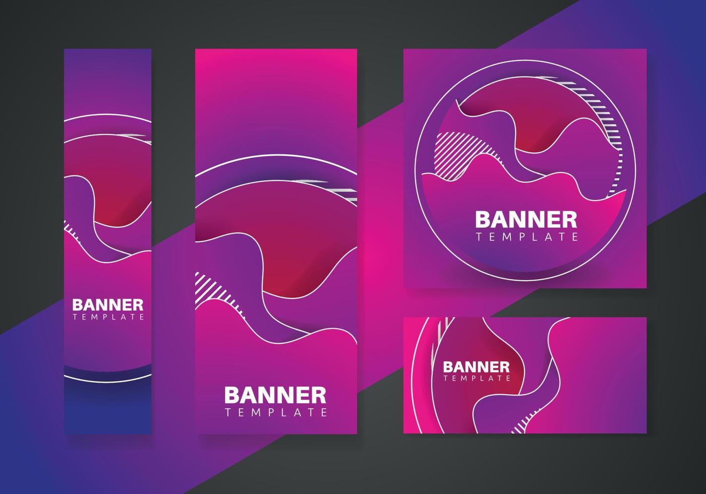 Purple social media banner set template with flowing liquid shapes, amoeba forms. Abstract dynamic gradient graphic elements in modern style. vector