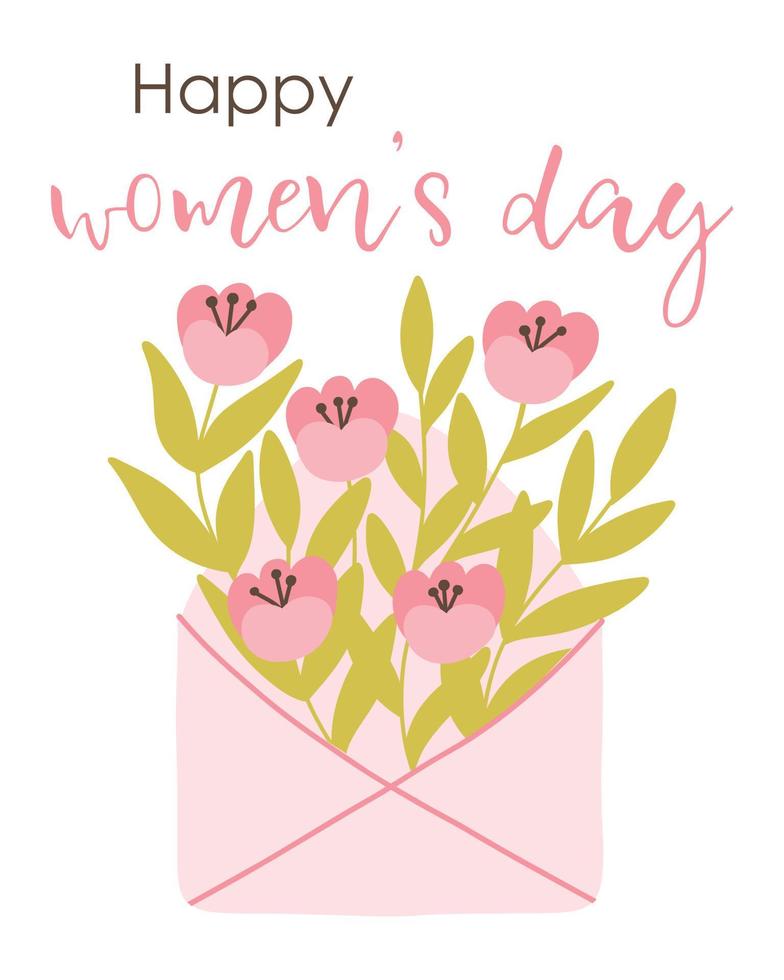 Postcard Happy Womens Day. Vector illustration. Flat hand drawn style. Spring card with envelope and flowers. Cute poster for Womens Day.