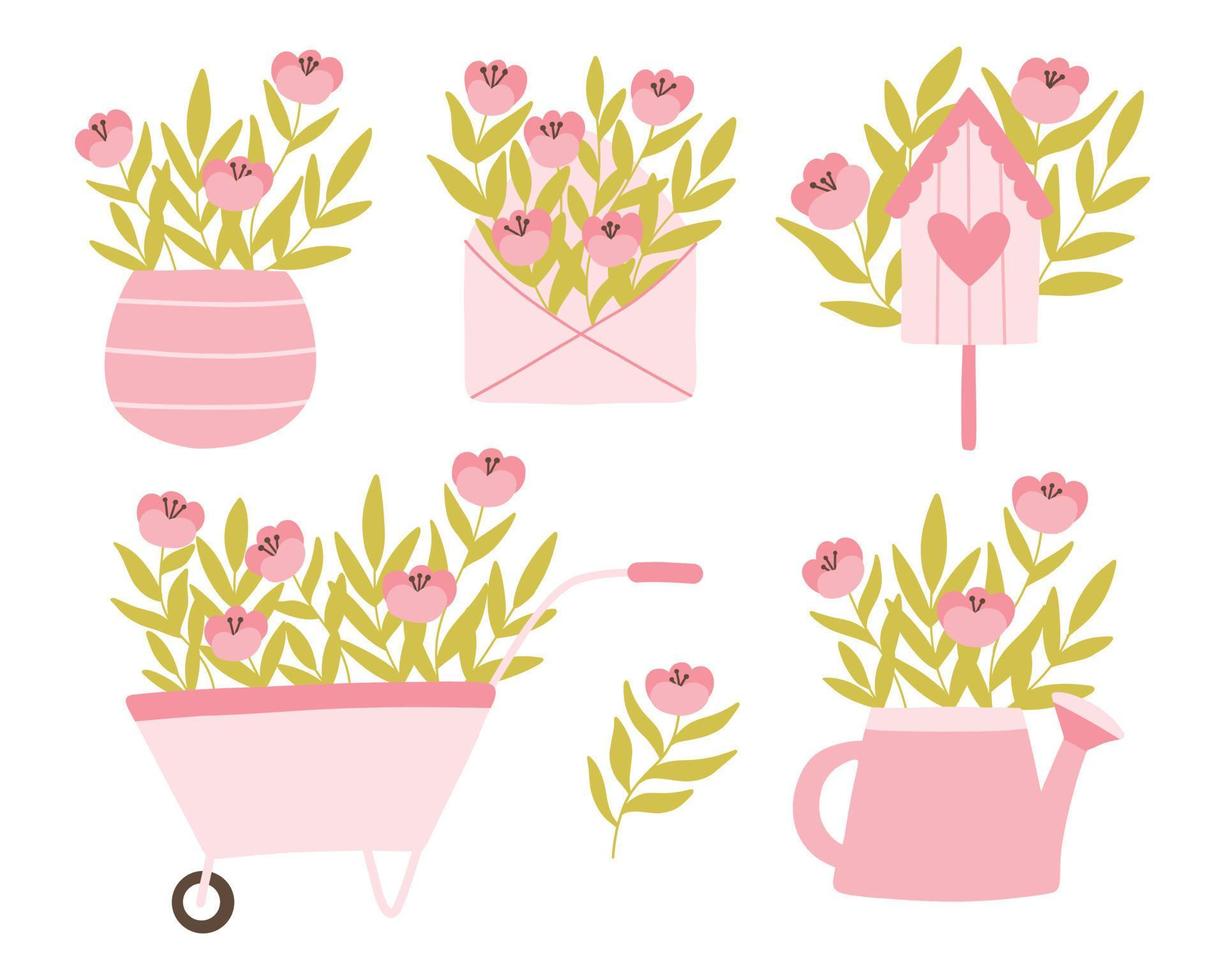 Hello spring set. Collection of spring elements. Watering can, vase, birdhouse, envelope, wheelbarrow with flowers. Lovely spring stickers with flowers. Vector illustration. Flat hand drawn style.