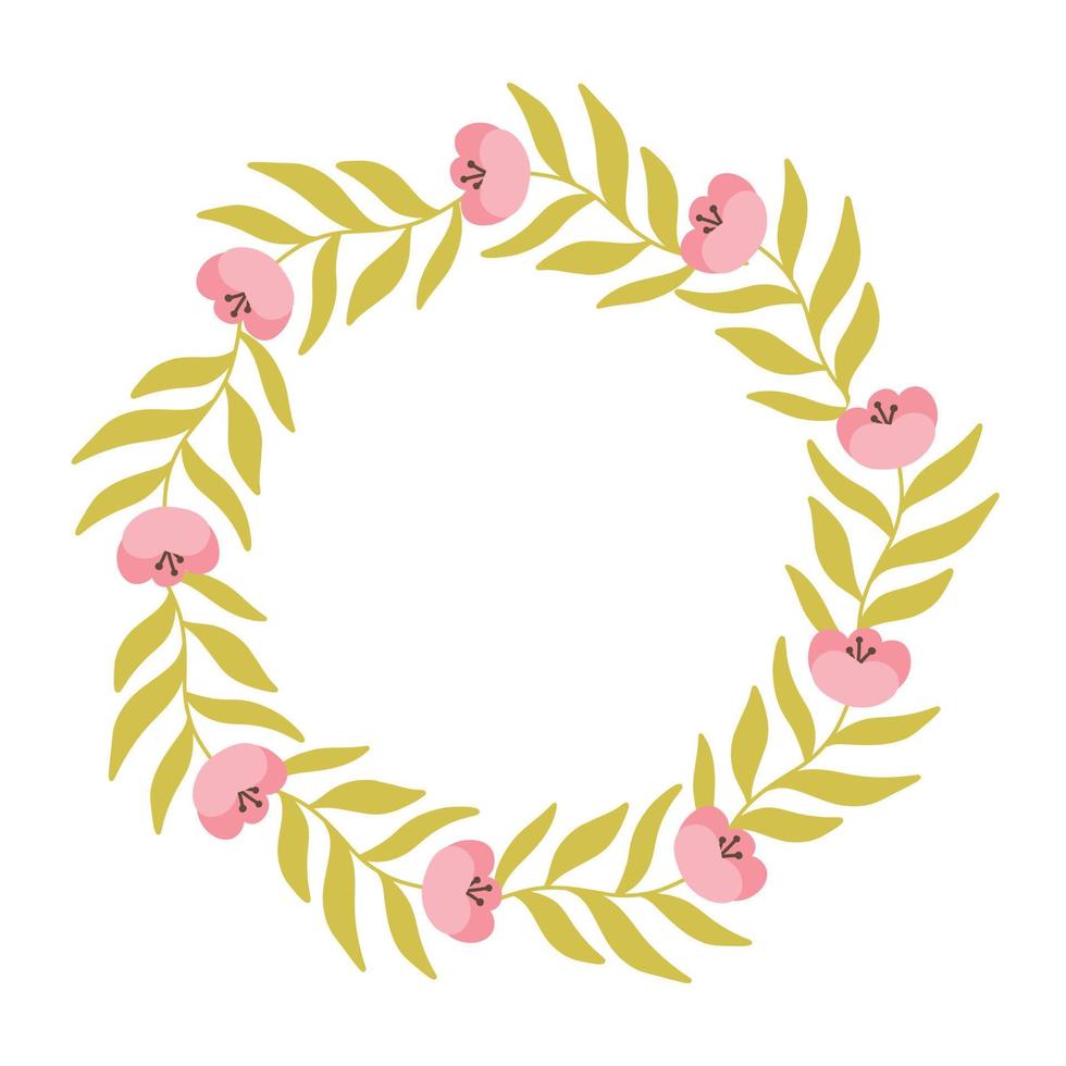 Round frame made of flowers. Spring frame with blooming flowers and leaves. Vector illustration. Flat hand drawn style.