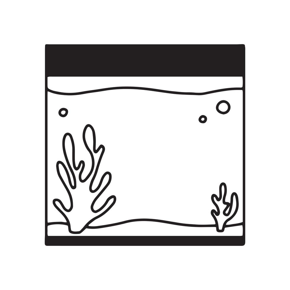 Rectangular aquarium. Aquarium with algae in doodle style. Vector illustration. Empty isolated aquarium in linear style.