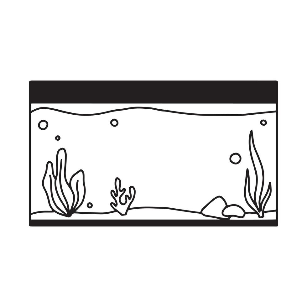 Rectangular aquarium. Aquarium with algae in doodle style. Vector illustration. Empty isolated aquarium in linear style.