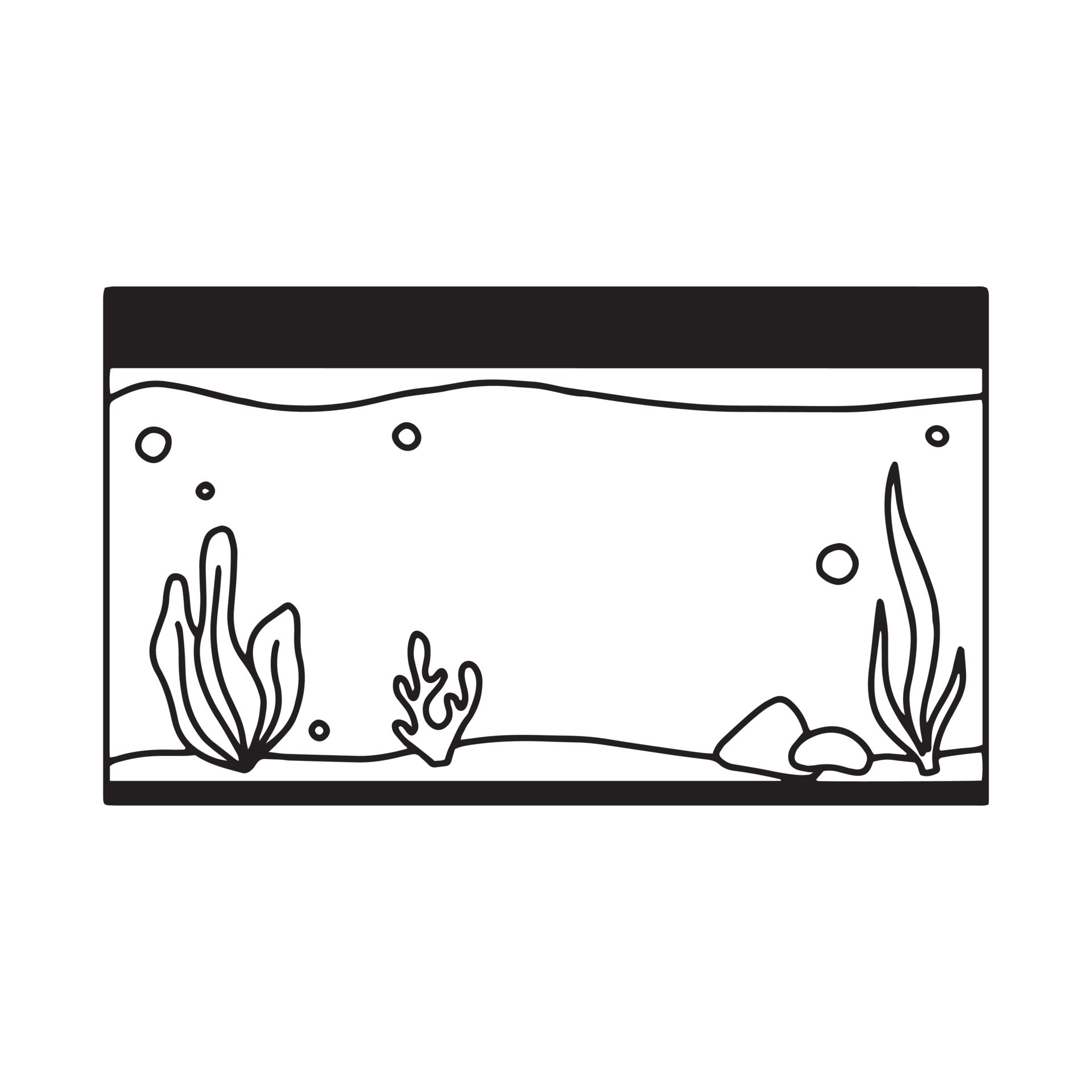 Rectangular aquarium. Aquarium with algae in doodle style. Vector