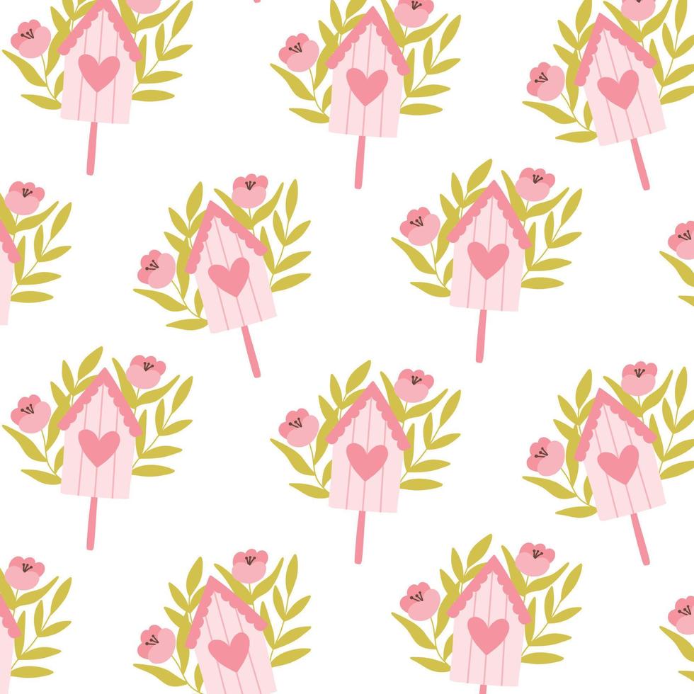 Seamless pattern with birdhouse and flowers. Vector illustration . Flat hand drawn sil. Cute spring print with birdhouse.