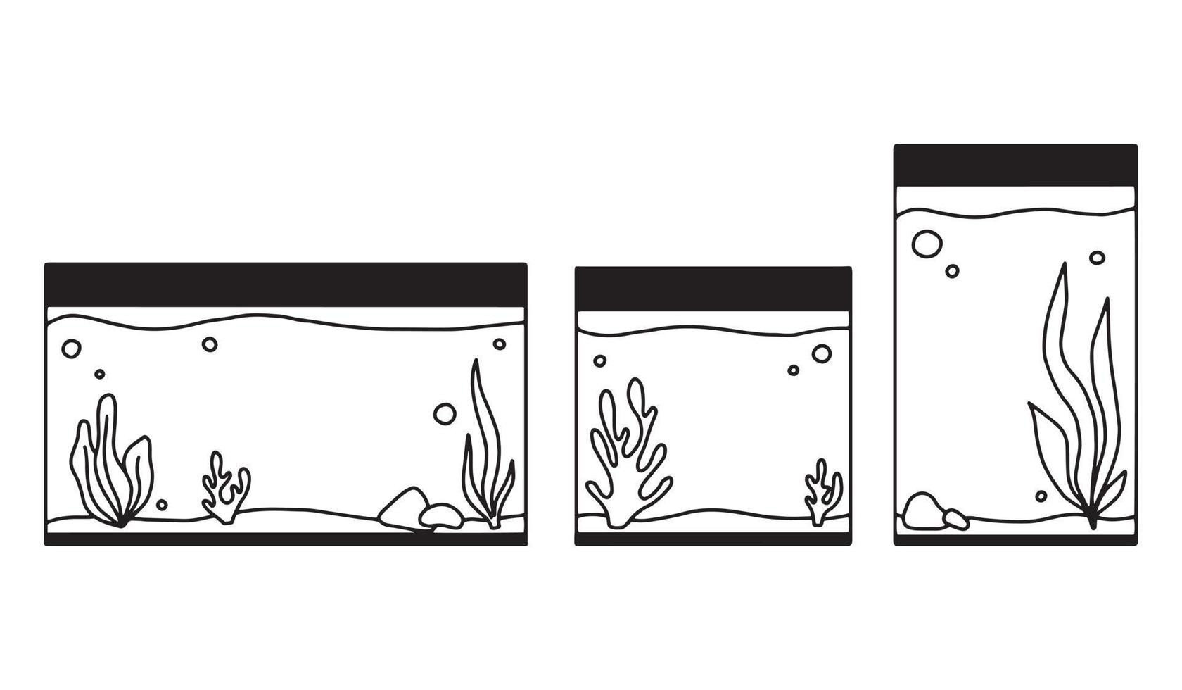 Set of Rectangular Aquariums. Collection of Aquariums with algae in doodle style. Vector illustration. Empty isolated aquarium in line style.