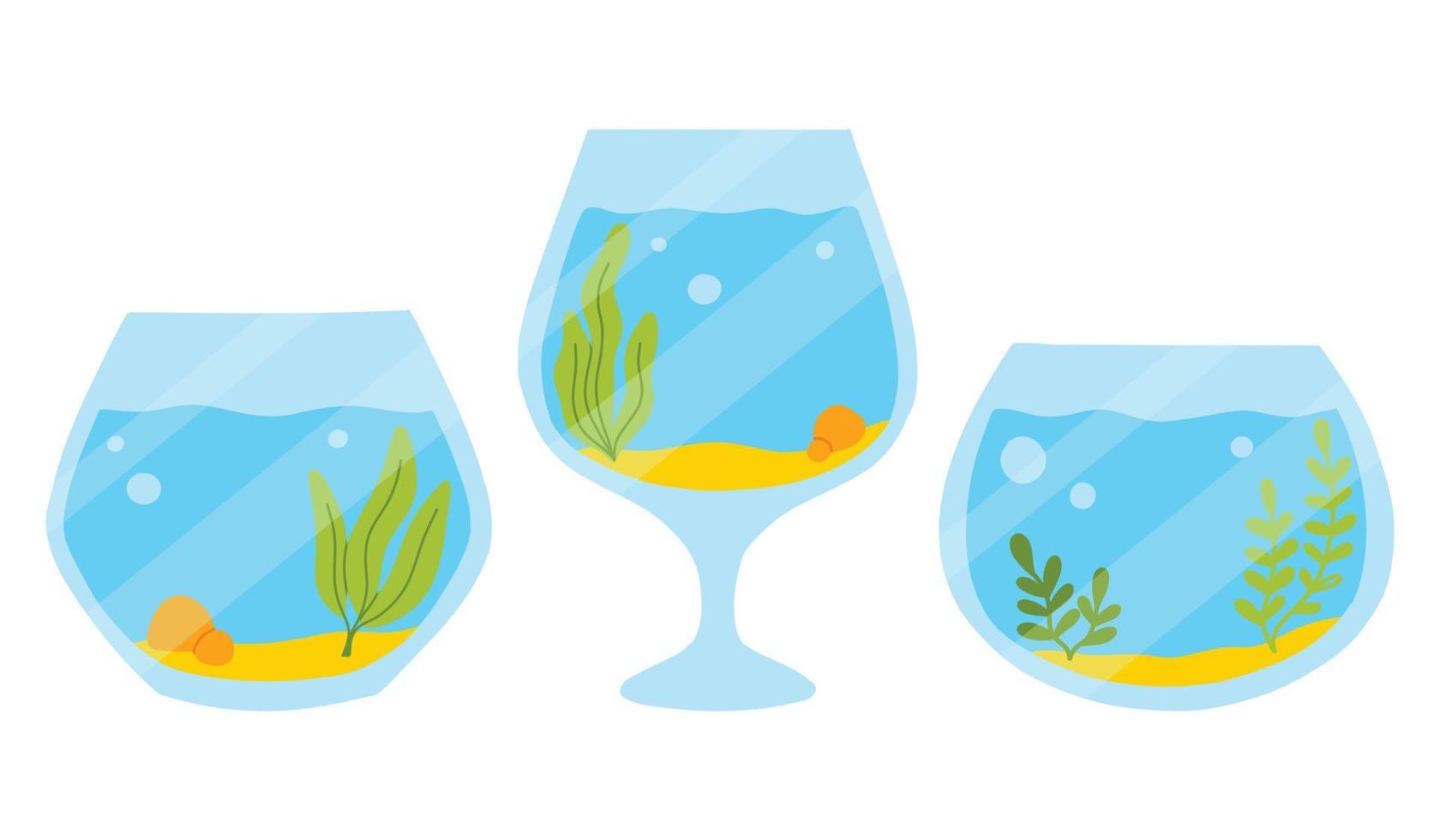 Aquarium set. Collection Aquariums with algae in flat style. Vector illustration. Empty isolated aquarium in cartoon style.