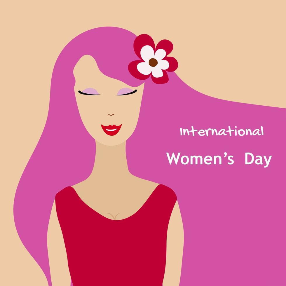 tarjeta postal con internacional De las mujeres día marzo 8. niña con rosado cabello. vector