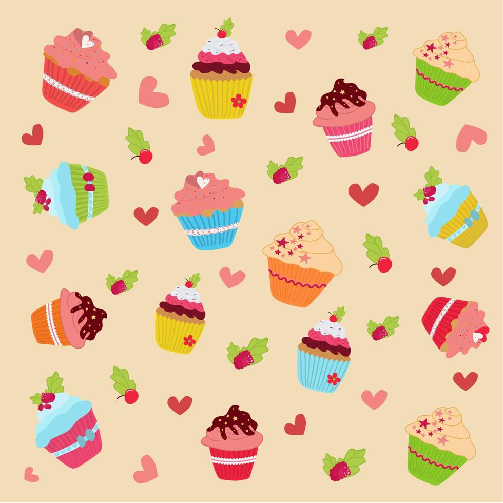 Pattern with delicious cupcakes and hearts. vector