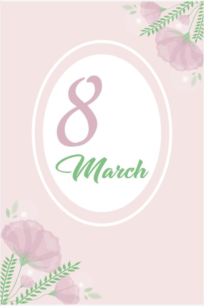 March 8 greeting card in gentle colors, flat hand drawn design with flowers, hearts vector