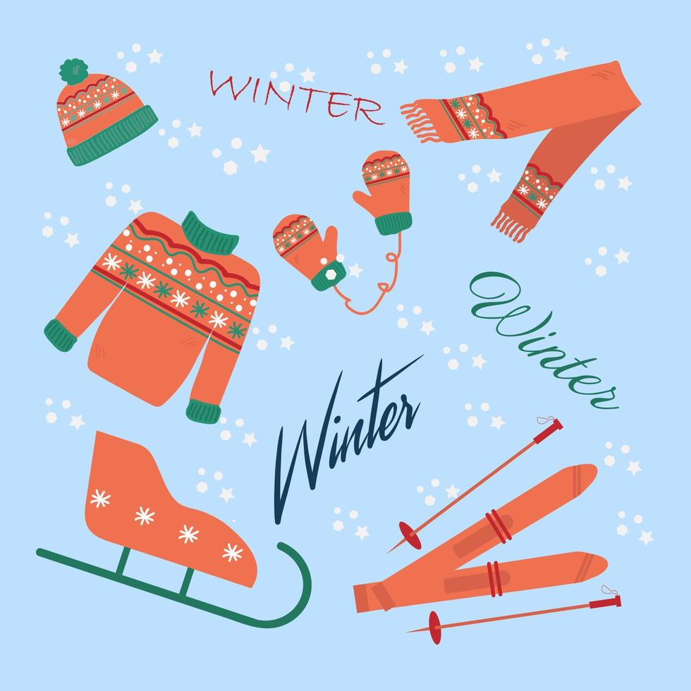 Beautiful winter clothes, skis and sleds on a winter background vector