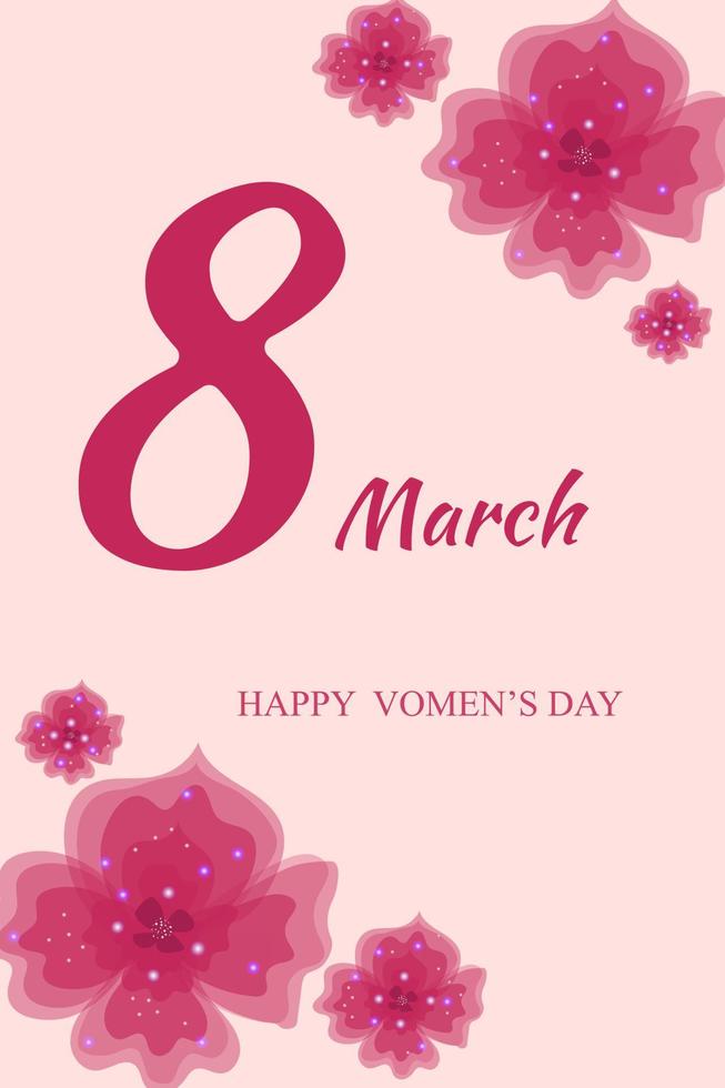 marzo 8 saludo tarjeta en amable rosado colores, plano mano dibujado diseño con flores vector