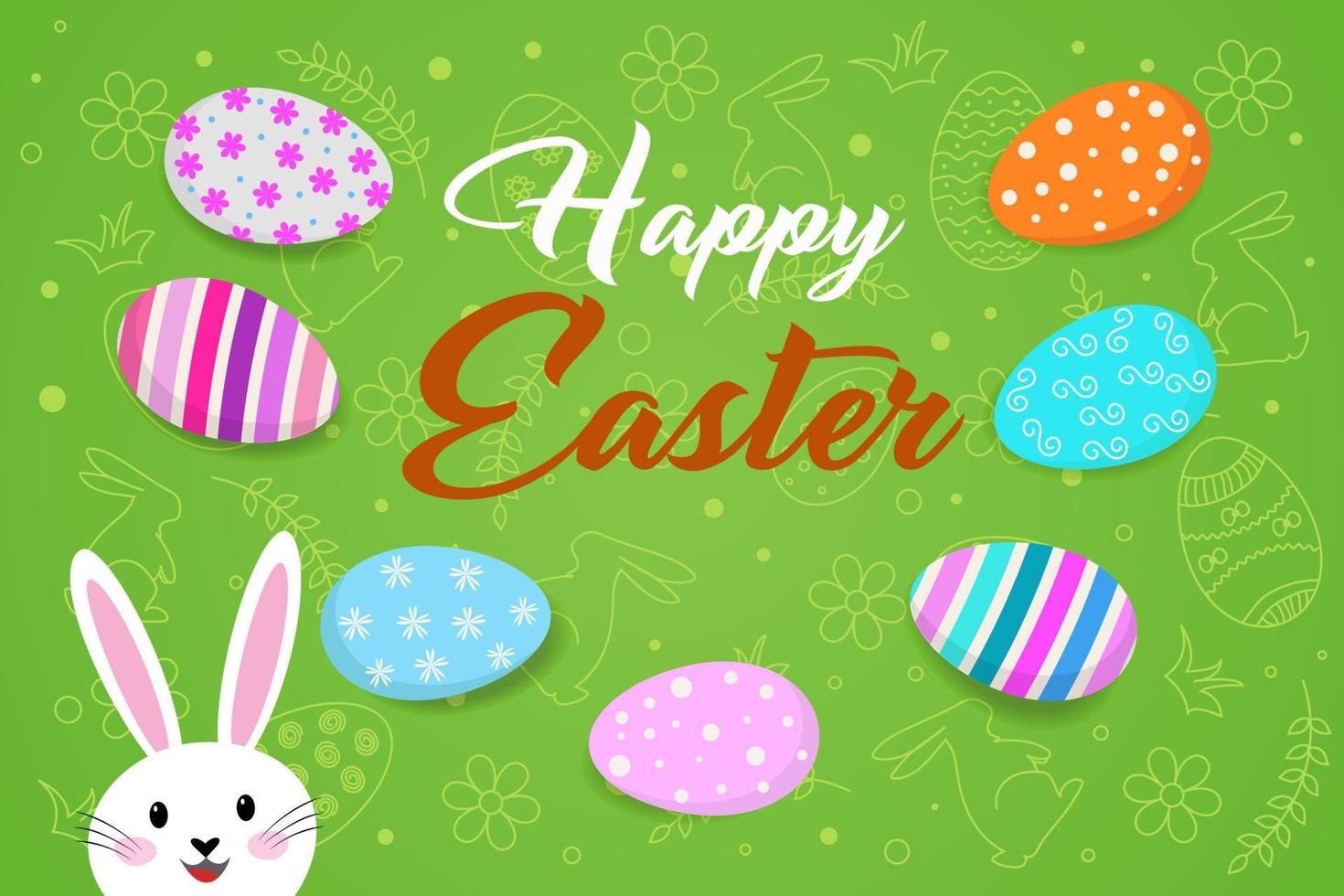 Postcard, composition with Easter eggs and a rabbit on a green background. Happy easter. vector